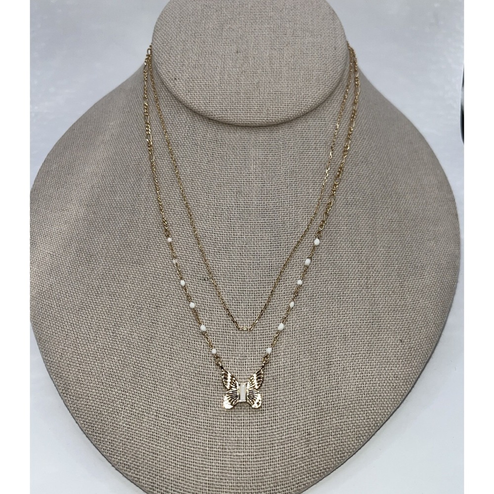 Necklace Double Strand Layered Butterfly Tiny Faux Pearls Gold Tone Dainty Fairy